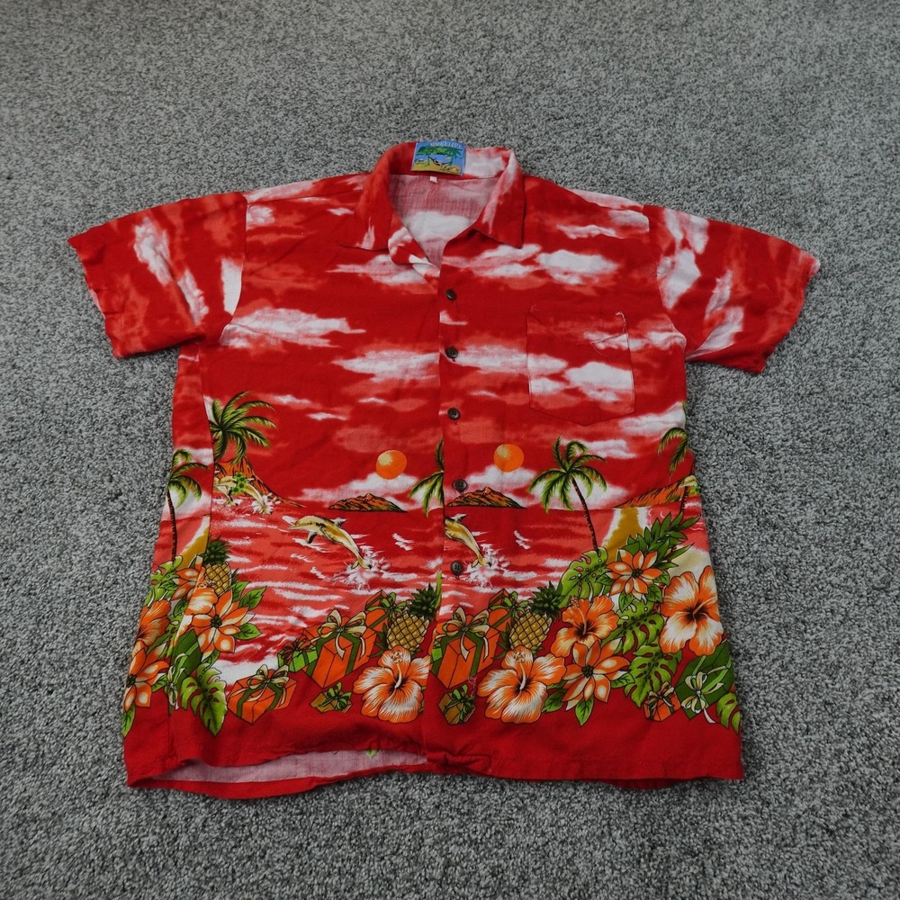 Hawaiian Shirt Mens M Red Floral Christmas Hibiscus Beach Short Sleeve Button Up